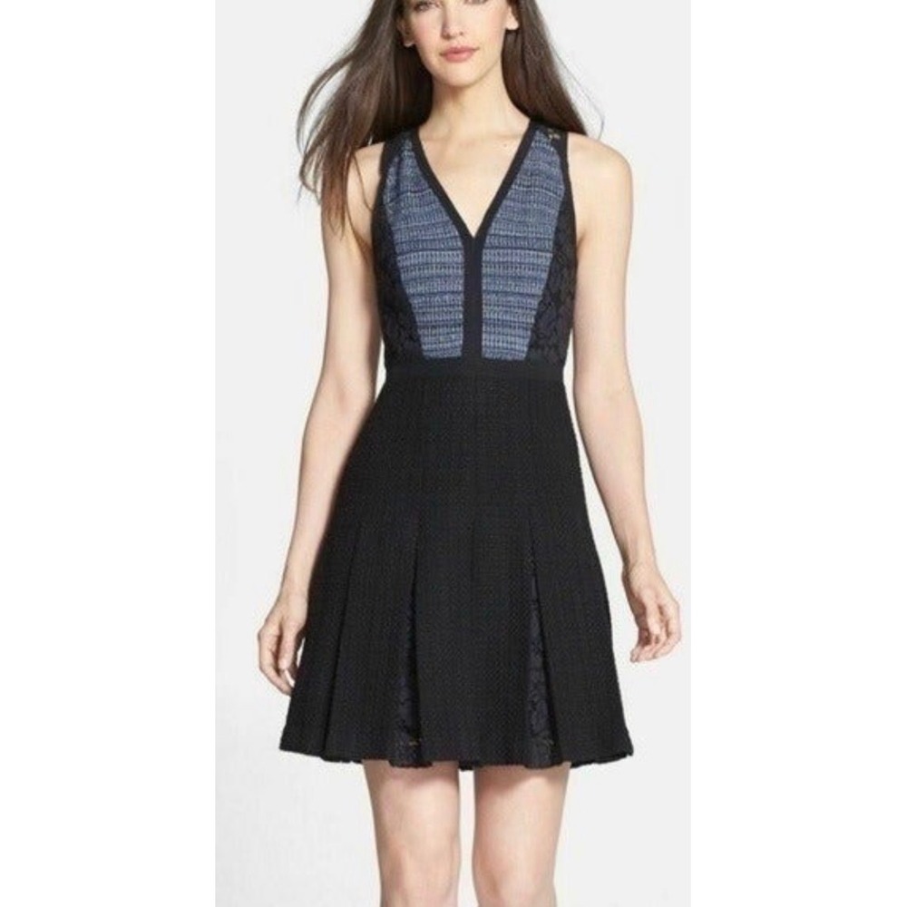 Rebecca Taylor Mixed Media Lace Tweed Fit and Flare Dress Black Blue Size 4